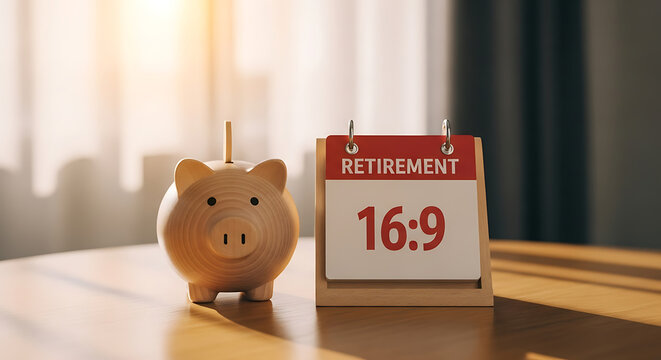Piggy bank and retirement calendar on the table representing financial planning for the future and saving money for retirement, investment and savings - Powered by Adobe