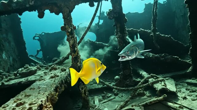 Fish Swimming Through Sunken Shipwreck Window