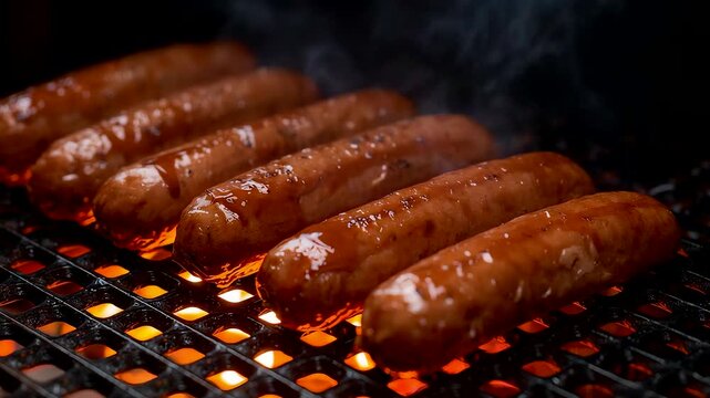 Juicy sausages grilling over open flames with smoky heat and rich browning on the metal grate creating a delicious barbecue scene full of flavor