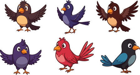Cute cartoon birds collection, colorful vector illustration of adorable flying birds, isolated on white background, fun animal character design