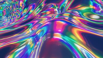 Mesmerizing Iridescent Abstract Surface with Dynamic Wavy Fluid Reflections, Showcasing a Luminous Spectrum of Rainbow Hues and Shimmering Light Effects, Creating a Hypnotic Digital Art Background