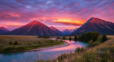 Majestic mountain peaks bathed in vibrant sunset colors over a serene river landscape