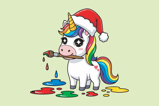 Naklejki Cute Christmas horse unicorn painting with brush and color vector art illustration, 3