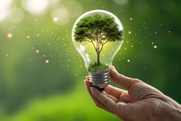Hand presenting glowing bulb with tiny tree inside