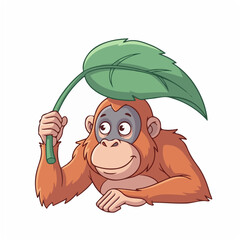 Orangutan Holding Leaf Like Umbrella