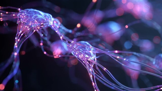 Abstract glowing neurons with axons transmitting electrical impulses in the brain