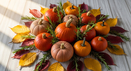 Eye-level shot of several gourds with leaves and sprigs on a wood plank surface representing abundance and harvest for autumn holiday concepts