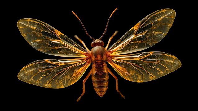 pragmatism. A prehistoric insect preserved in clear amber with wings spread, displayed on dark background. wildlife magazines, conservation campaigns, designed for eco-tourism storytelling.