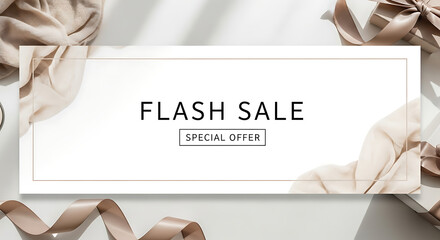 Flash sale special offer banner with elegant ribbon and gift