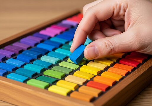 Closeup of a hand selecting a blue pastel chalk from a wooden box filled with colorful chalk sticks arranged in rows, highlighting creativity and art supplies