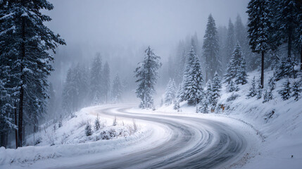 Dramatic winter mountain road winds through snow-covered pine forest under foggy skies