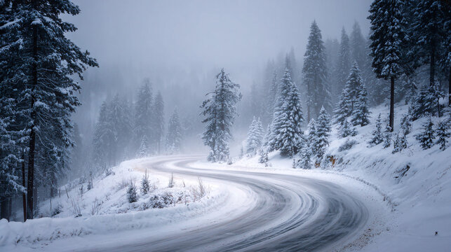 Dramatic winter mountain road winds through snow-covered pine forest under foggy skies