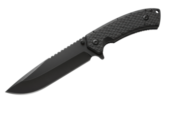 A professional fixed-blade tactical combat knife with a matte black finish, isolated and floating on a transparent background. Concept of tactical gear and self-defense
