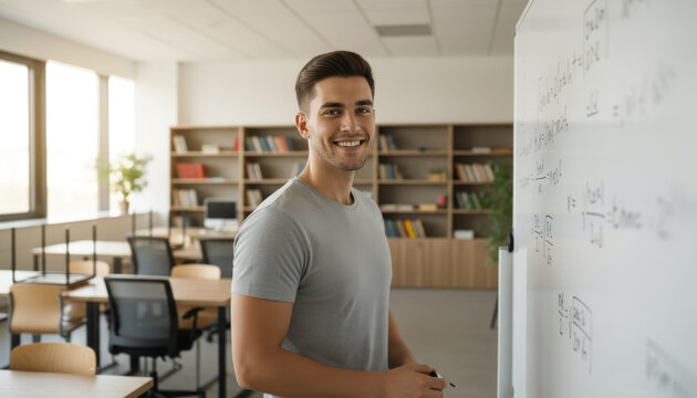 A young man smiles while writing on a whiteboard in a classroom, surrounded by desks and bookshelves, showcasing education and knowledge