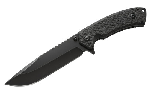A professional fixed-blade tactical combat knife with a matte black finish, isolated and floating on a transparent background. Concept of tactical gear and self-defense - Powered by Adobe
