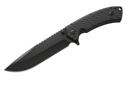 A professional fixed-blade tactical combat knife with a matte black finish, isolated and floating on a transparent background. Concept of tactical gear and self-defense