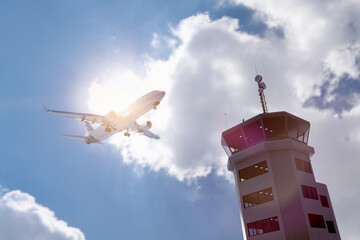 Air Traffic Control Tower at Airport As Airplane Takes Off. This is a 3D Rendering.