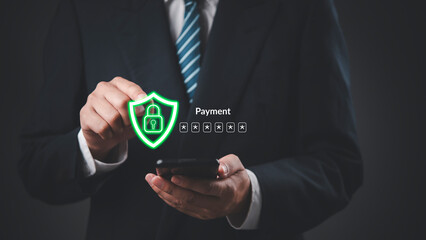 Businessman hand holding smartphone secure payment. Online banking security data protection technology. shield padlock password authentication. Cybersecurity financial transaction fintech concept.