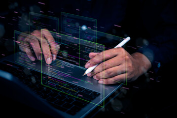 Developer hand programming code. Programmer working laptop coding software. Virtual screen data analysis technology futuristic. AI artificial intelligence big data network concept.