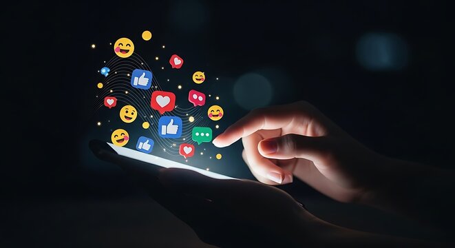 A woman scroll mobile phone at dark night, social icon emoji up wave .	