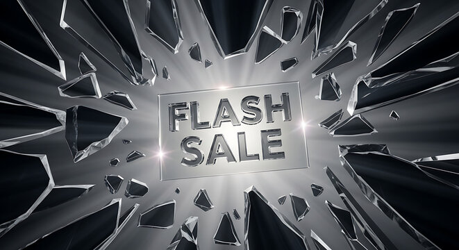 Flash sale text shatters glass, creating a dynamic burst effect.
