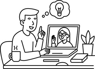 Remote Work Collaboration with Video Call and Idea Sharing – Teamwork Illustration, Digital Communication Vector, and Modern Business Design
