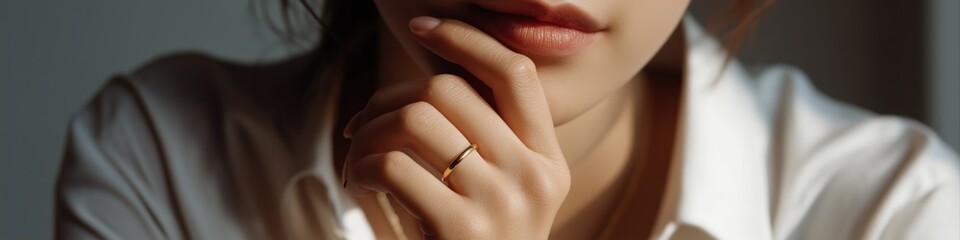 Close-up of caucasian female's thoughtful expression with gold ring