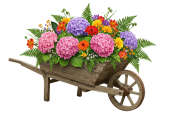 A rustic wooden wheelbarrow overflowing with watercolor hydrangeas, tropical flowers and butterflies on a transparent background. Concept of natural beauty and abundance