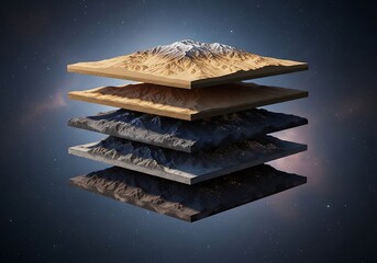 A conceptual visualization of planetary layers, showcasing different geological strata floating in space with stars