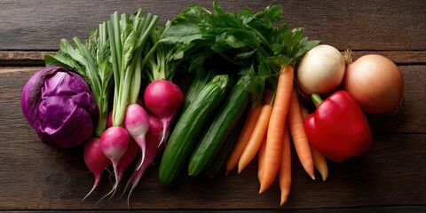 Fresh assorted vegetables on wooden surface including cabbage, radishes, and carrots