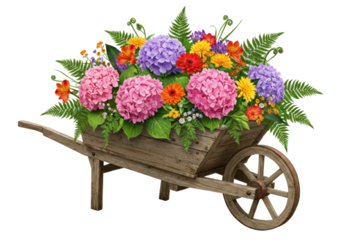 A rustic wooden wheelbarrow overflowing with watercolor hydrangeas, tropical flowers and butterflies on a transparent background. Concept of natural beauty and abundance