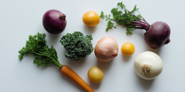 Assorted fresh vegetables: carrot, kale, onions, beetroot, and tomatoes on white surface