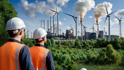Team of engineers examines an industrial area with smoke and wind turbines while taking notes under clear skies - Powered by Adobe