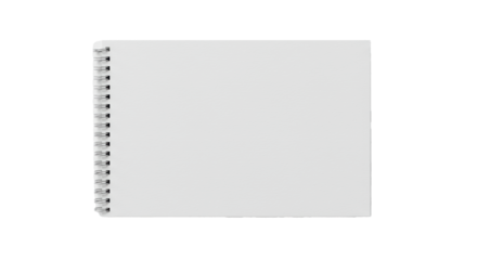 Blank art sketchbook with a textured white cover and silver spiral binding, isolated on a white background in a flat lay. Concept of creative stationery