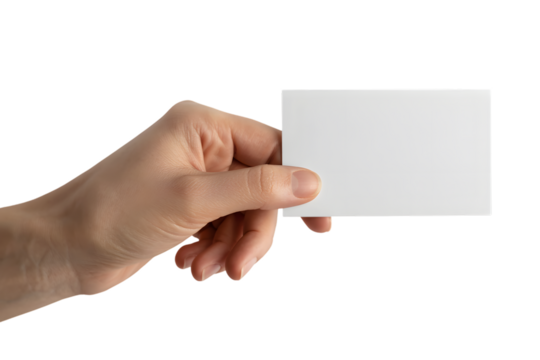 Hand holding a blank white card isolated on transparent background