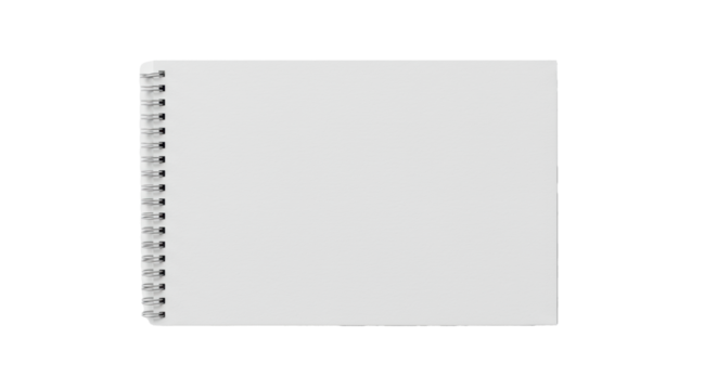 Blank art sketchbook with a textured white cover and silver spiral binding, isolated on a white background in a flat lay. Concept of creative stationery