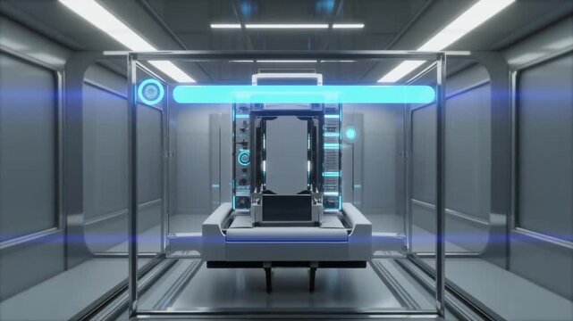 Wide view of a sterile instrument bay housing a suspended quantum core; blue status bar, stainless fixtures, soft fill light; no logos&mdash;suited for R&D, HPC, and laboratory storie