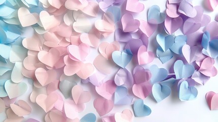 Colorful pastel heart shaped confetti background. Top view flat lay of pink, blue, and purple paper hearts for a romantic valentine's day or wedding concept