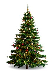 Festive Christmas Tree Adorned with Ornaments and Lights, Isolated on White Background for Holiday Celebrations