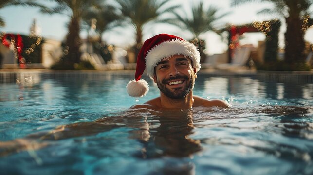 Smiling Man Wearing Santa Hat Swimming in Outdoor Pool During Christmas Holiday Vacation in Tropical Location - Powered by Adobe