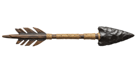 macro shot of ancient tribal arrow, distressed wood shaft, obsidian arrowhead wrapped in rough twine, isolated on white background with copy space primitive craftsmanship