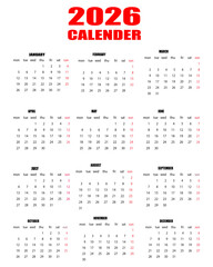 Year 2026 calendar showing all twelve months in one page