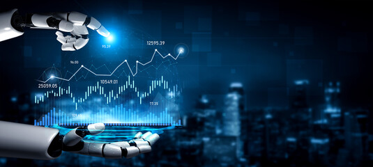 A futuristic robotic hand showcases digital analytics and financial data against a modern city...