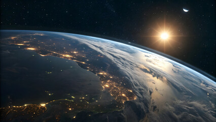 Orbital Earth sunrise with city lights and moon