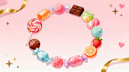 A collection of various candies, cartoon hand-drawn vector illustrations, lollipops, gummy candies, fruit candies, chocolate candies, and crystal candies