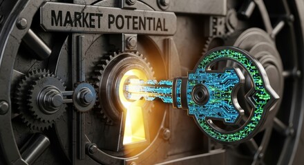 Unlocking Market Potential: An illuminated key, intricately designed with technological patterns, fits precisely into a lock, symbolizing the strategic unlocking of market potential.