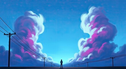 A lone figure watches the sky filled with dramatic clouds