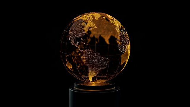Glowing golden globe displayed on a dark pedestal with illuminated continents and detailed world map design creating a dramatic light effect in darkness - Powered by Adobe