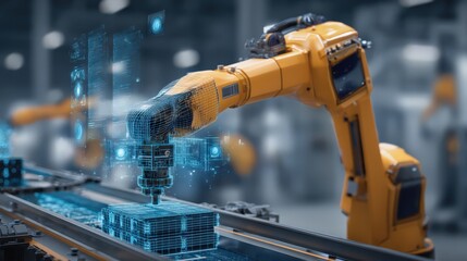 Advanced industrial robotic arm utilizing artificial intelligence to automate precision handling of packages on a smart production line in a high-tech manufacturing environment