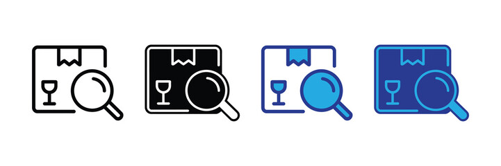 Set of four icons representing a package with a magnifying glass, indicating inspection or search